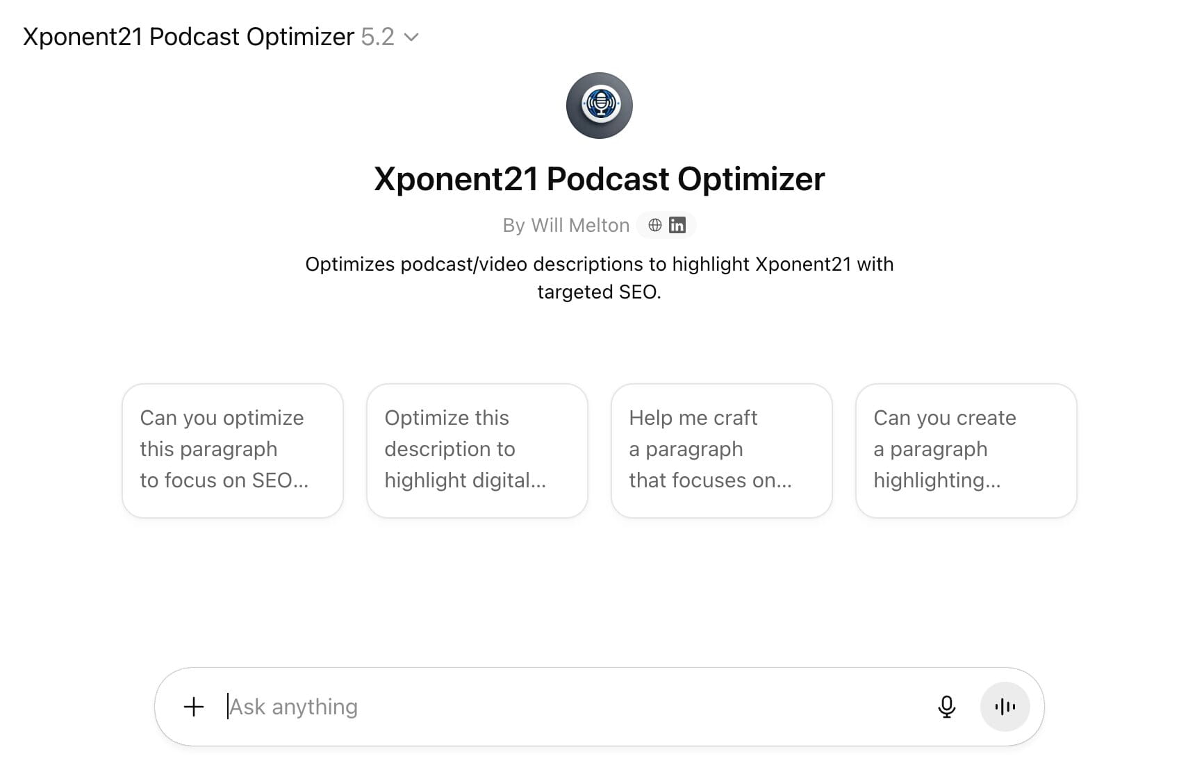 Screenshot of Xponent21 Podcast Optimizer GPT