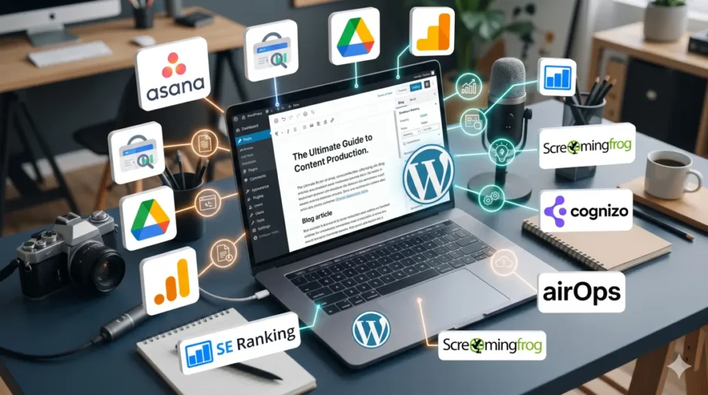 A blog article on a laptop with logos of software apps surrounding the screen