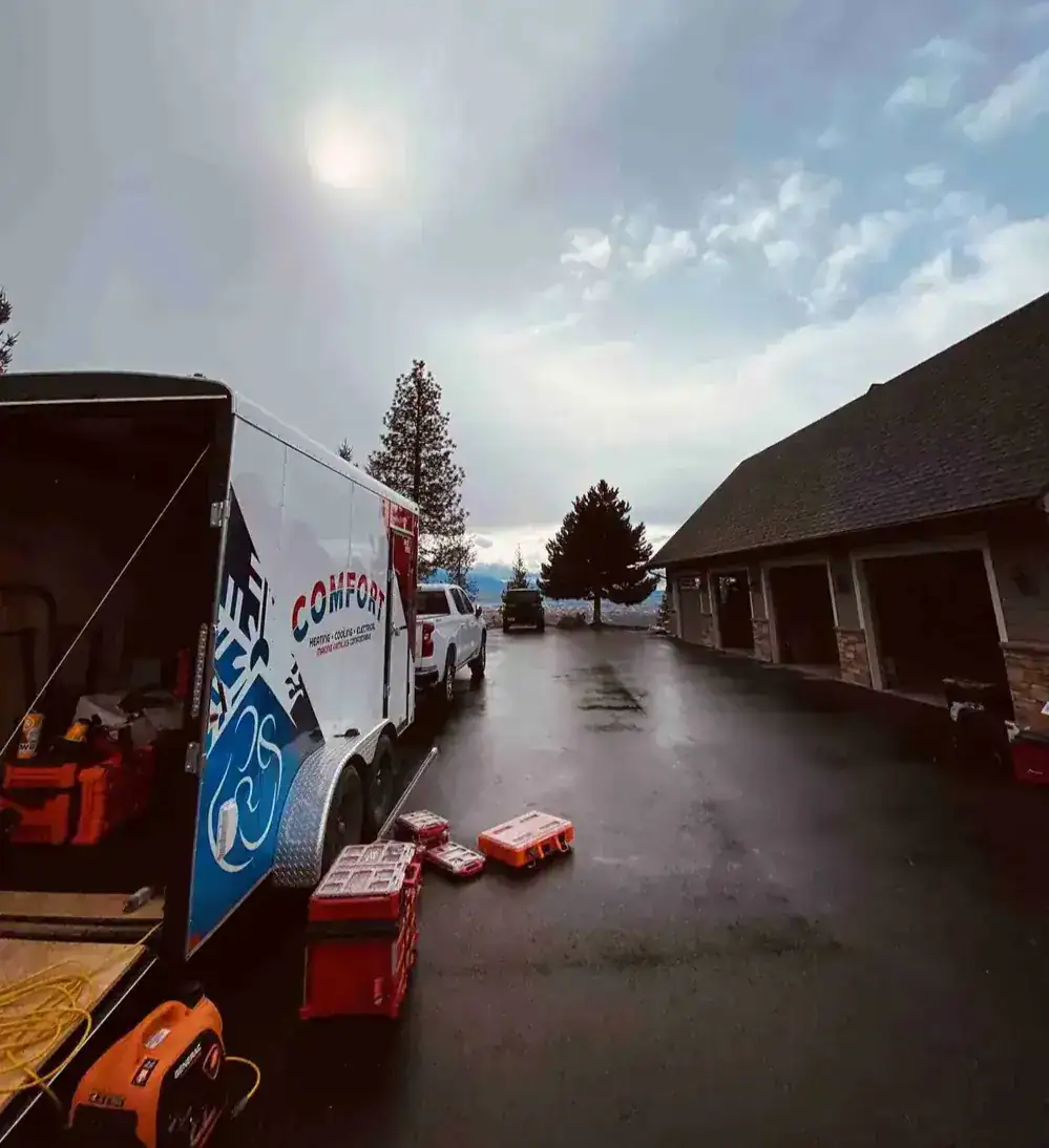 Comfort Heating and Air Vehicle with cloudy sky