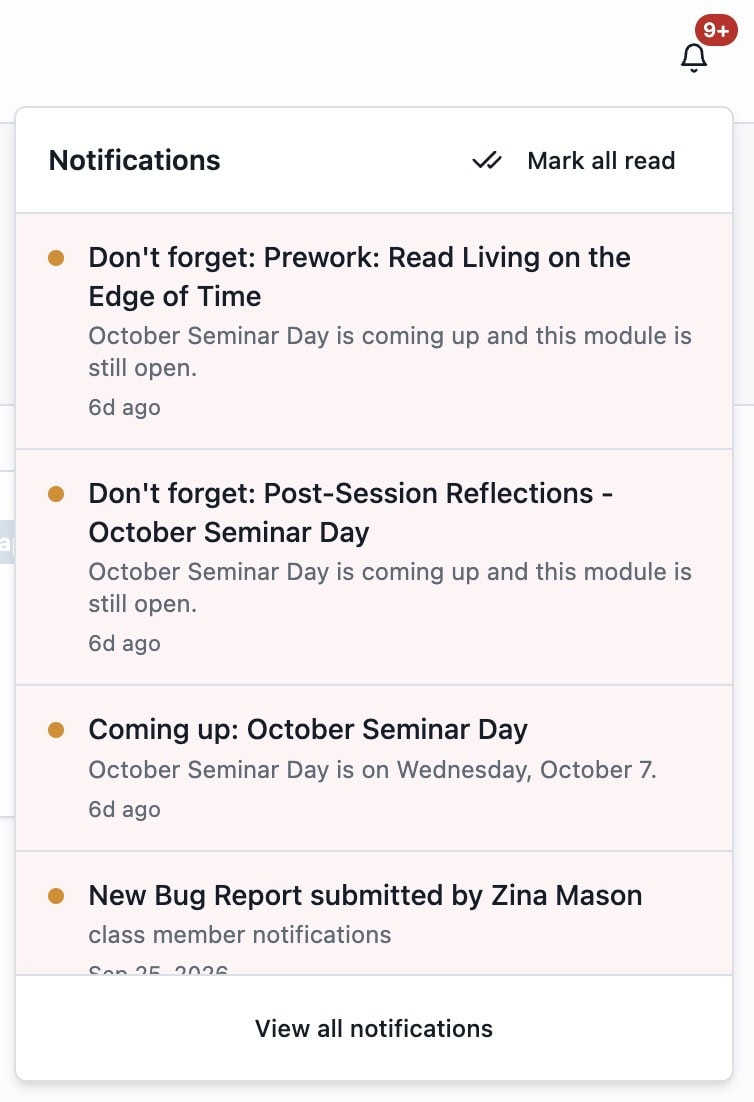 QuestConnect notifications panel showing automated session and module reminders