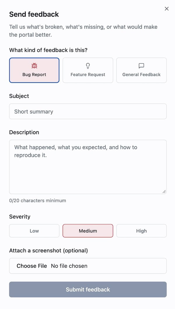 QuestConnect in-app feedback form for bug reports, feature requests and general feedback