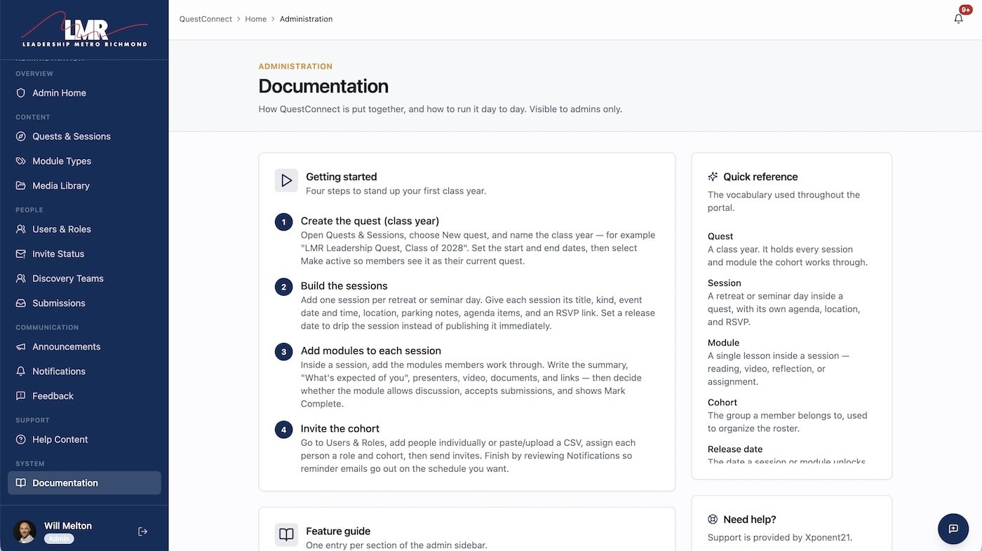 QuestConnect admin documentation page with getting-started steps and a quick reference glossary