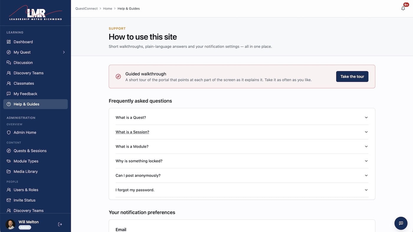QuestConnect Help & Guides page with a guided walkthrough, FAQs and notification preferences