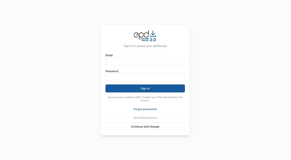 EPD Partner Portal 2.0 sign-in screen