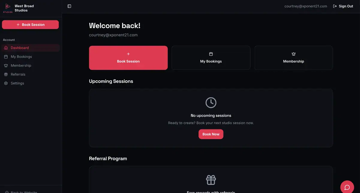 West Broad Studios member booking dashboard