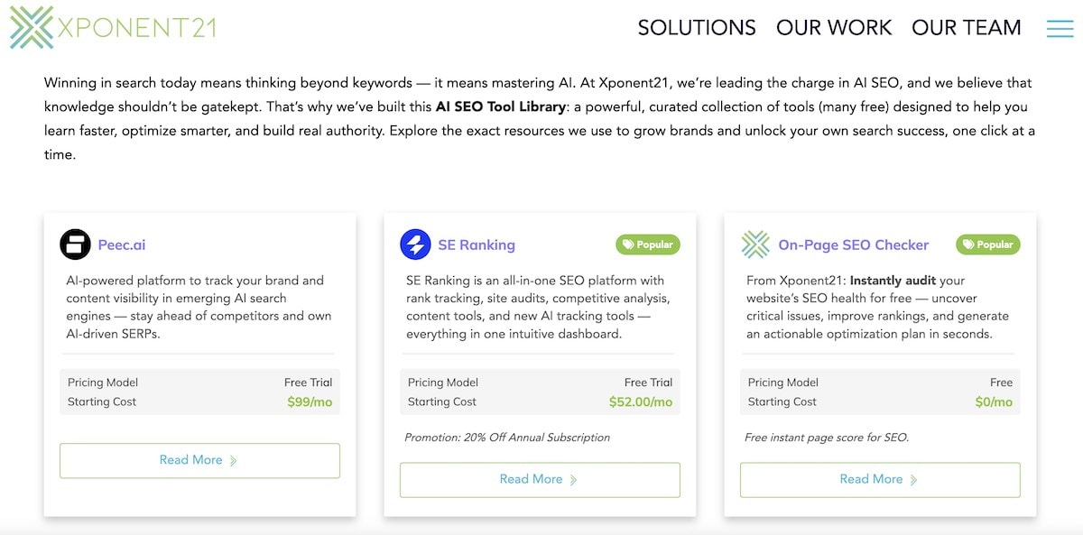 Screenshot of Xponent21's new SEO Tool Library including free tools to help with AI SEO.
