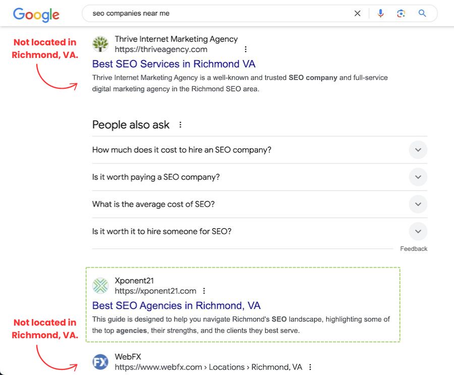 Screenshot of a Google search for SEO Companies Near Me on 10-1-24 showing Xponent21 in the 2nd place, surrounded by companies not located in Richmond.