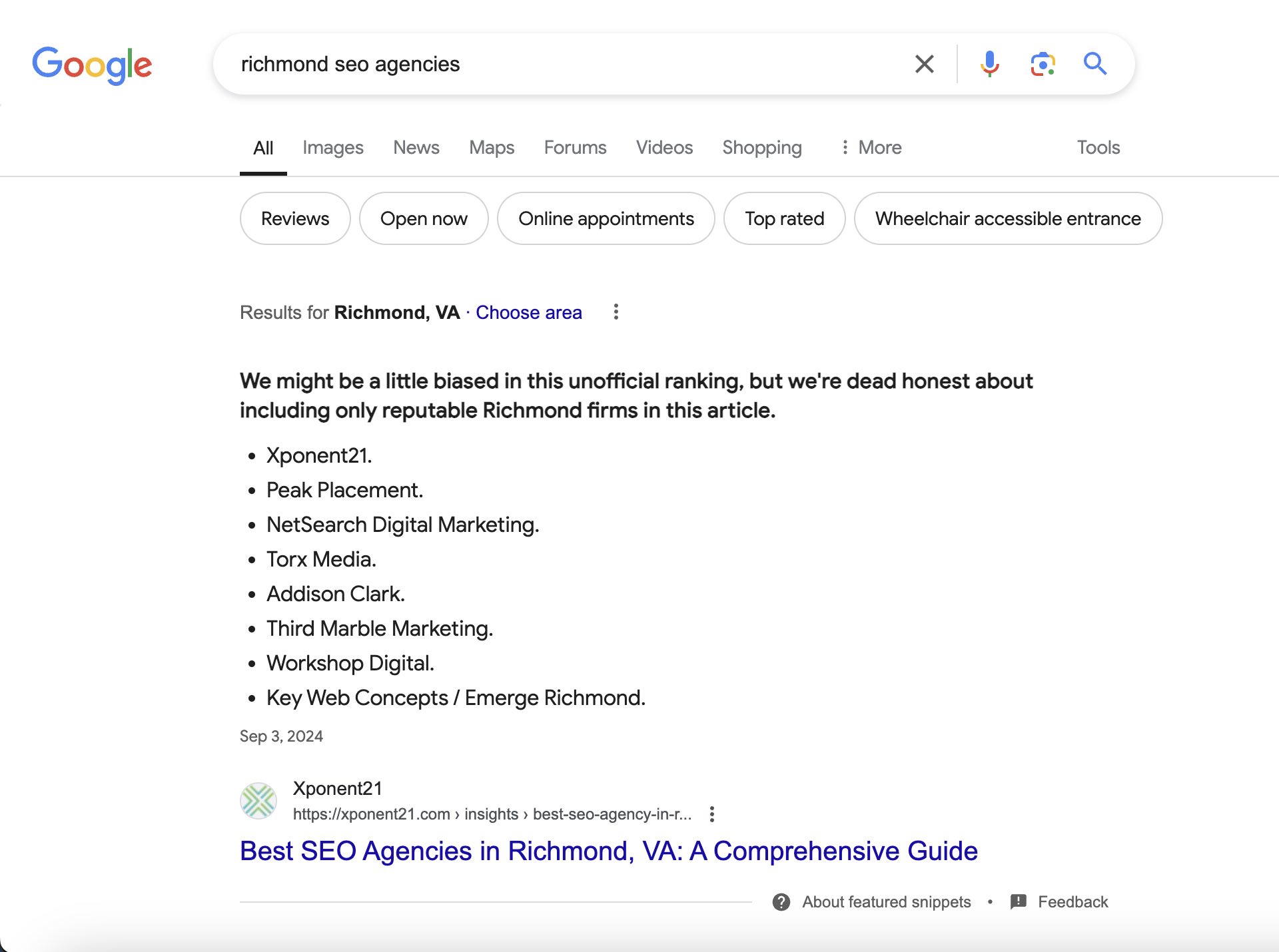 Google search depicting top SEO agencies in Richmond VA