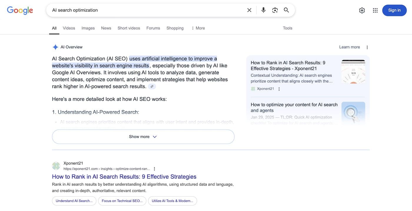 AI Overview Example of "AI Search Optimization" Showing Xponent21 as the Top Source