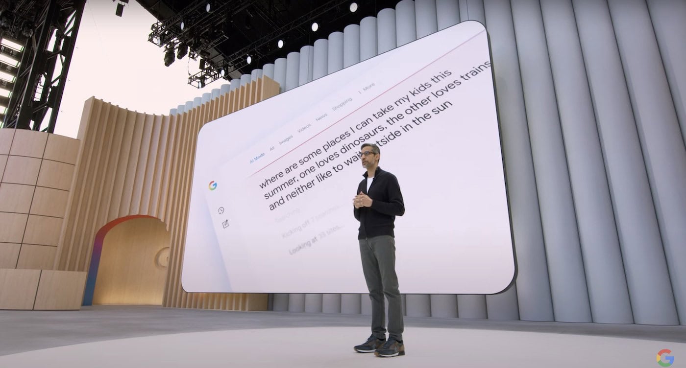 Screenshot from Google's live stream of Google I/O showing off AI Mode