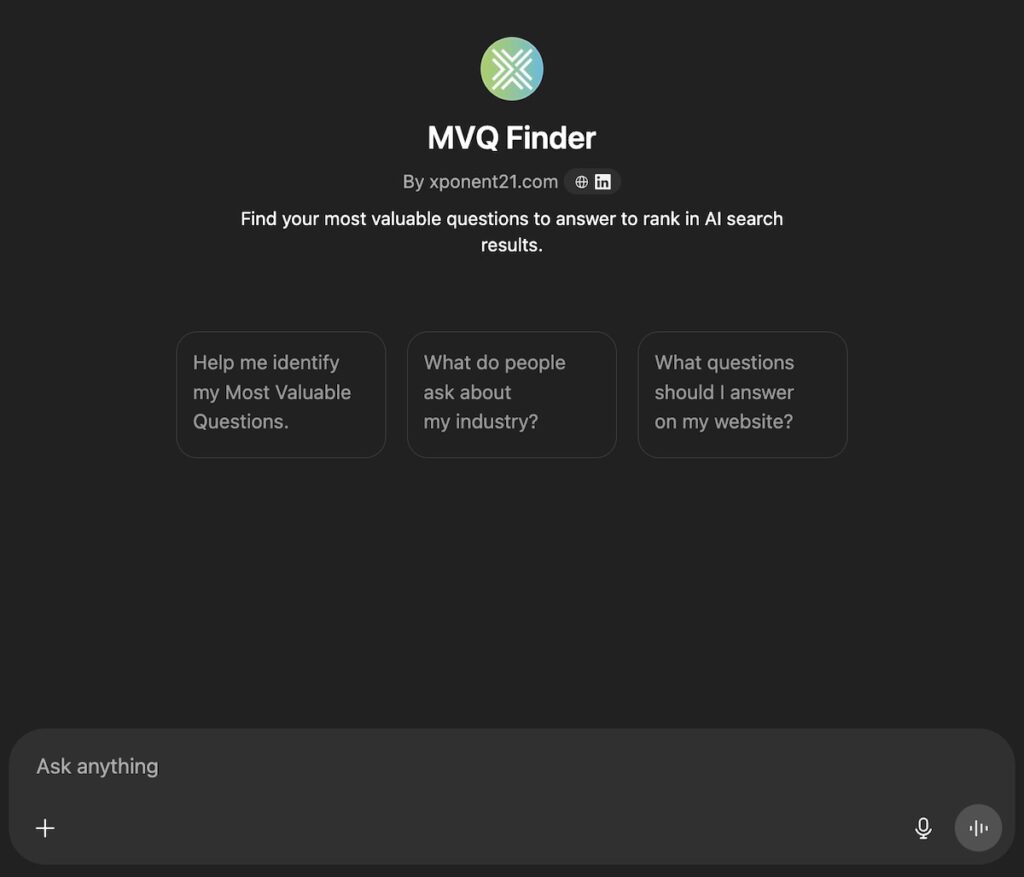 Screenshot of the MVQ Finder or the Most Valuable Question Finder for AI SEO
