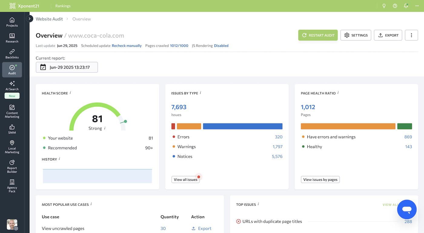 Screenshot of Xponent21's SEO Audit Tool showing an audit of the Coca-Cola Website