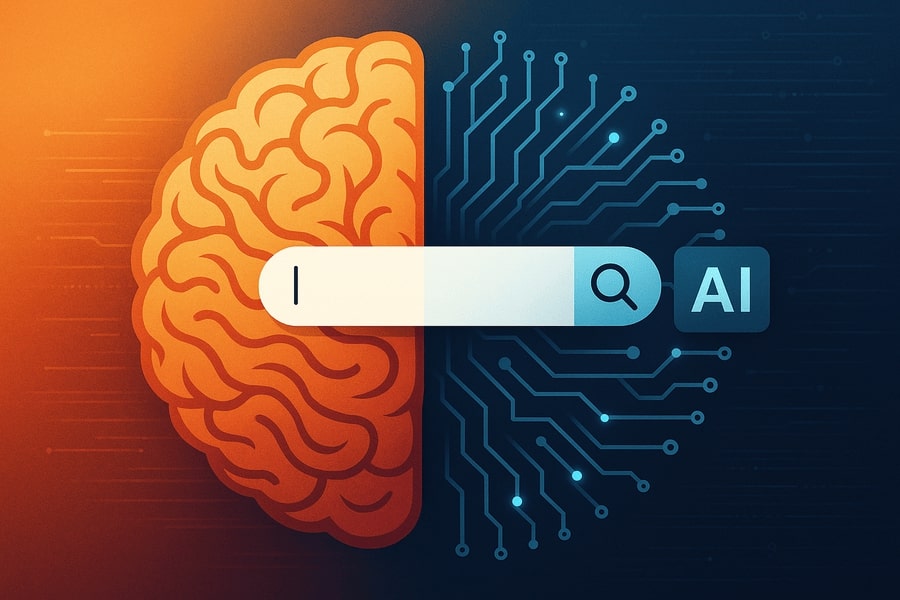 brain that is half human half AI code with AI search bar overlaid