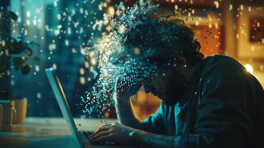 person sitting at laptop holding head in hands, feeling overwhelmed by AI tools proliferation