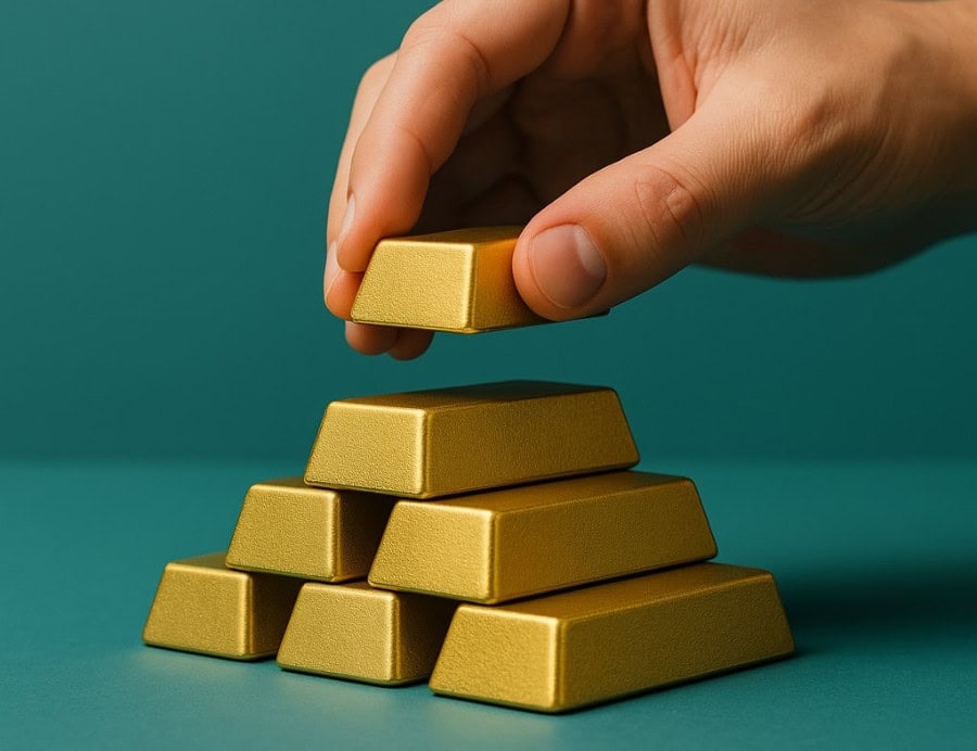 hand stacking gold bricks to convey the concept of ROI stacking in AI SEO