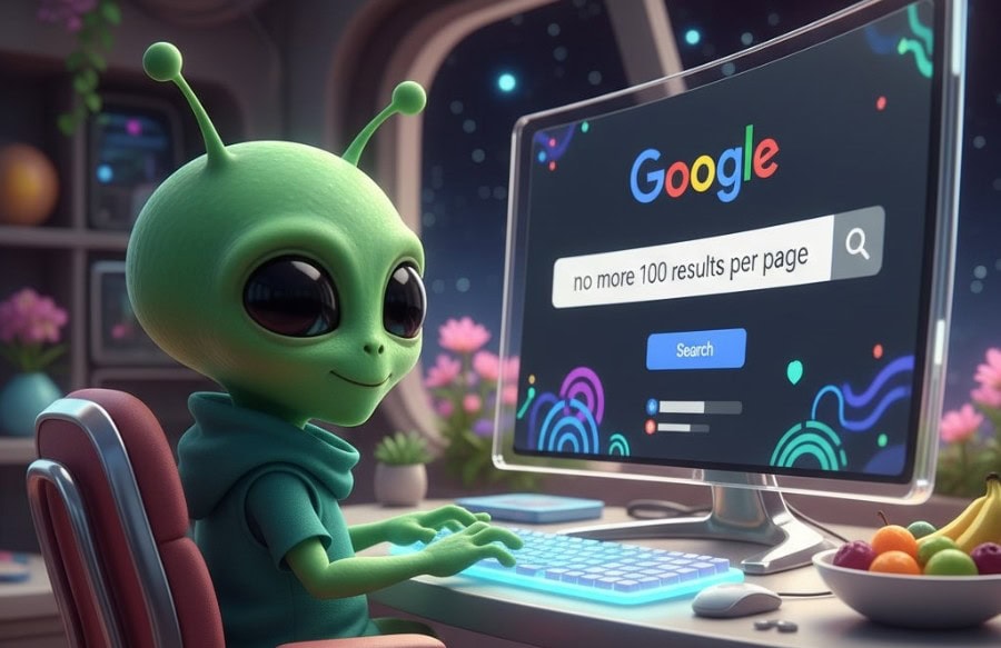 Xponent21 alien researching the news about Google removing 100 results per page, affecting SEO data