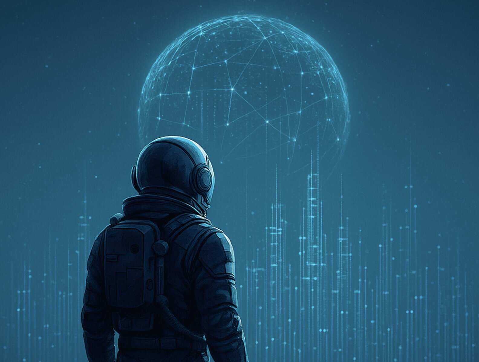 Xponent21 AI SEO astronaut or explorer standing before a glowing data skyline or digital “planet” representing AI and search networks