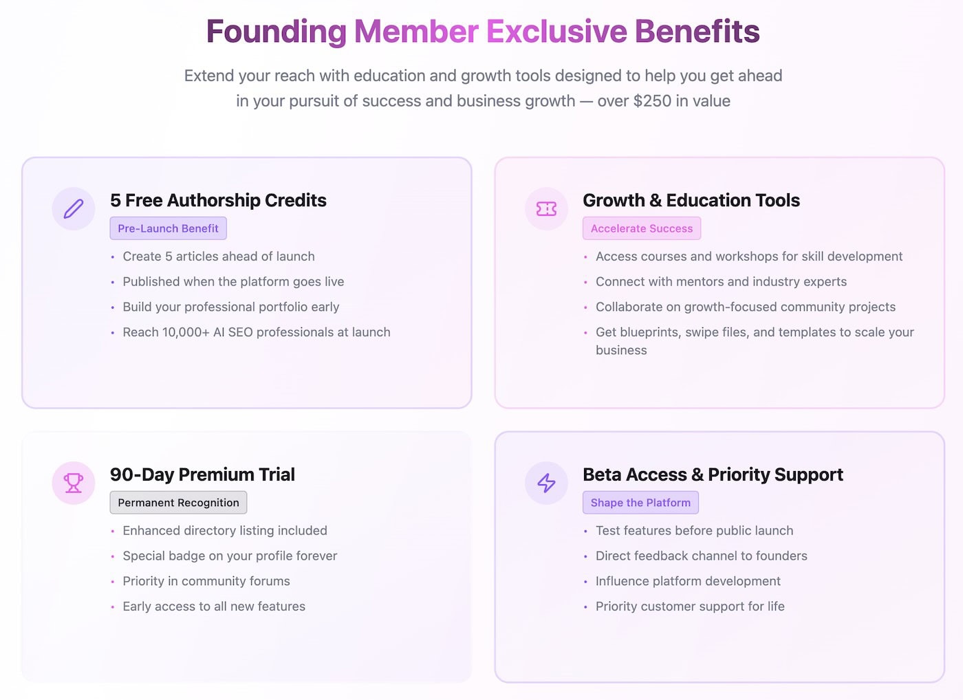 Screenshot of early access benefits on DiscoverAIO, the world first AI SEO community and ecosystem.