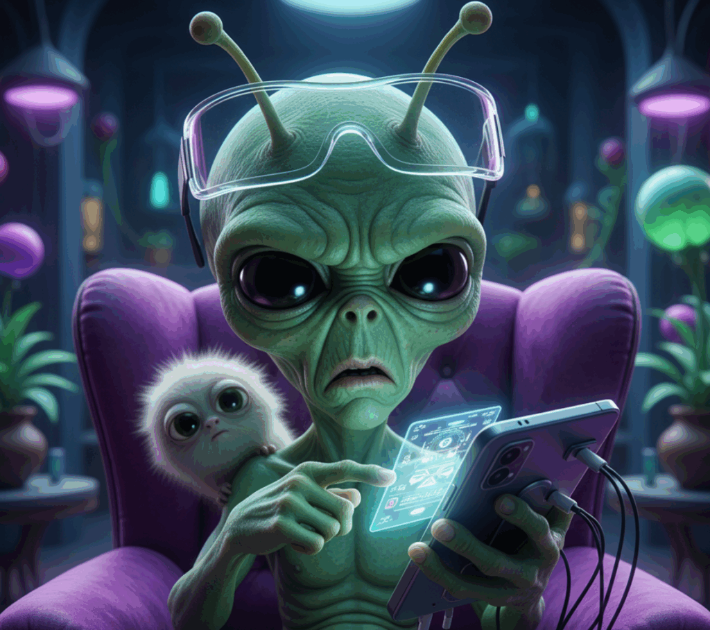 AI Overviews create a confusing experience for some, and a deep dive for others. Alien looking at internet on futuristic iPhone. 