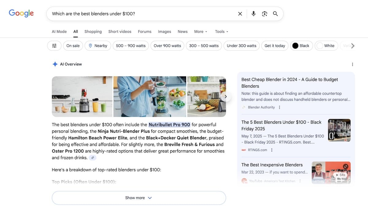 Screenshot of an AI Overview for the search "Which are the best blenders under $100?" showing a variety of brands and models.