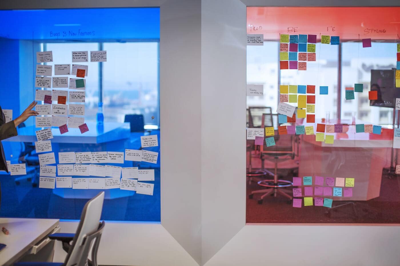 Sticky notes on a glass pane showing AI SEO micro-strategies