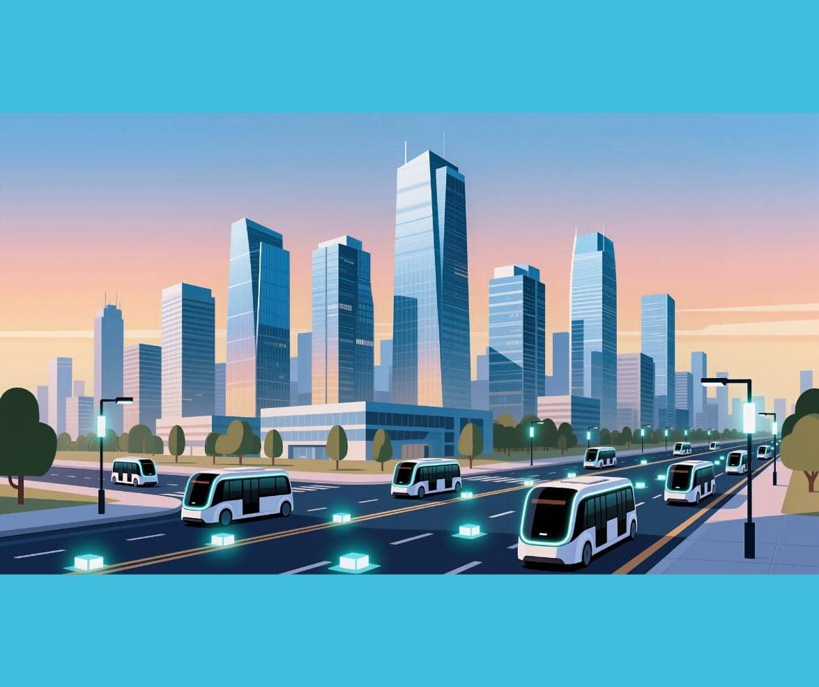 Graphic of a street with ultramodern buses, a city skyline and a sunset