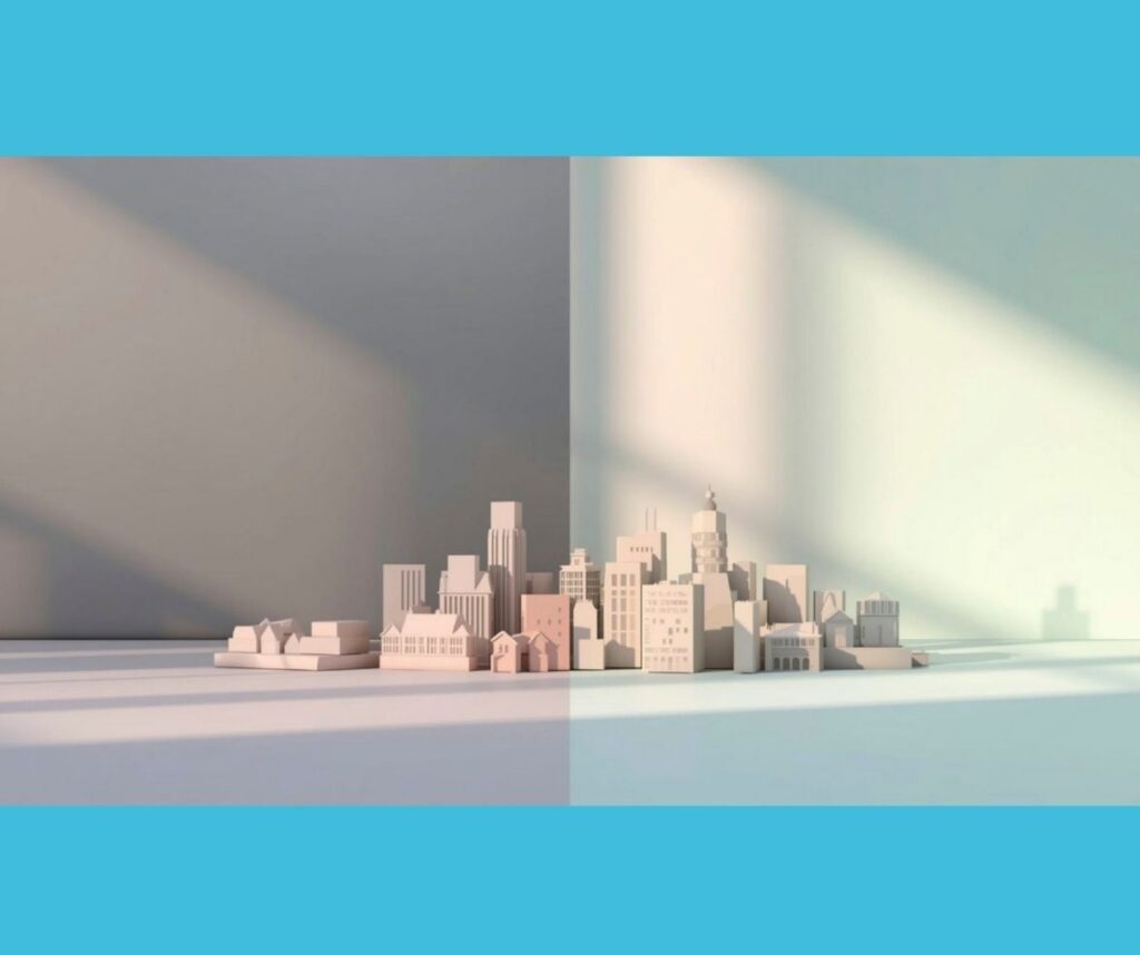 graphic depicting a model of a city split in half with left side gray and right side blue