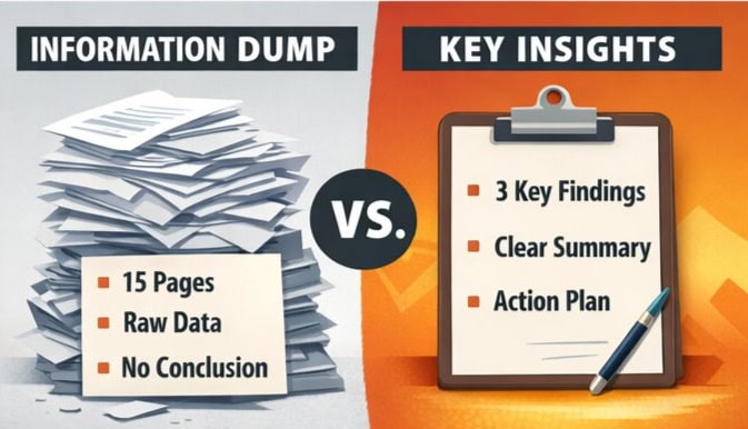 Graphic that compares using AI to provide an information dump vs to surface key insights