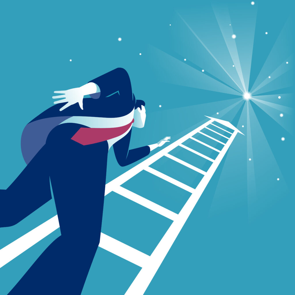 An animation of a businessman looking up a ladder which signifies progress. 