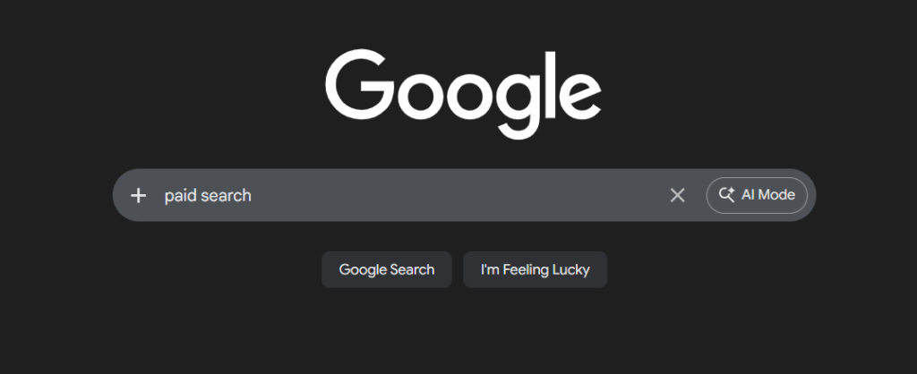 A google search bar with paid search in the bar. Representative of the intersection of paid and AI search. 