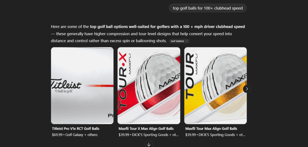 A chatgpt query about top golf balls for a 100+ mph swing speed. Maxfli is a Dick's Sporting Goods company, but they allocated their resources to be right next to the best of the best.