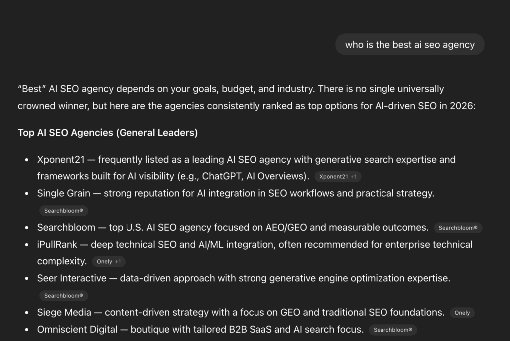 "who is the best ai seo agency" query in ChatGPT showing Xponent21 as the top choice