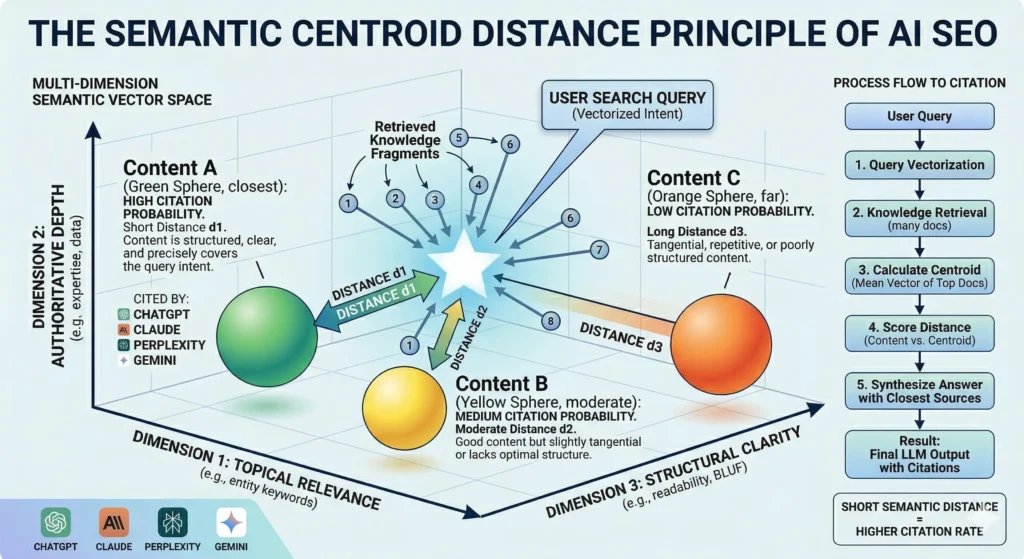 Diagram depicting the Semantic Centroid Distance Principle of AI SEO