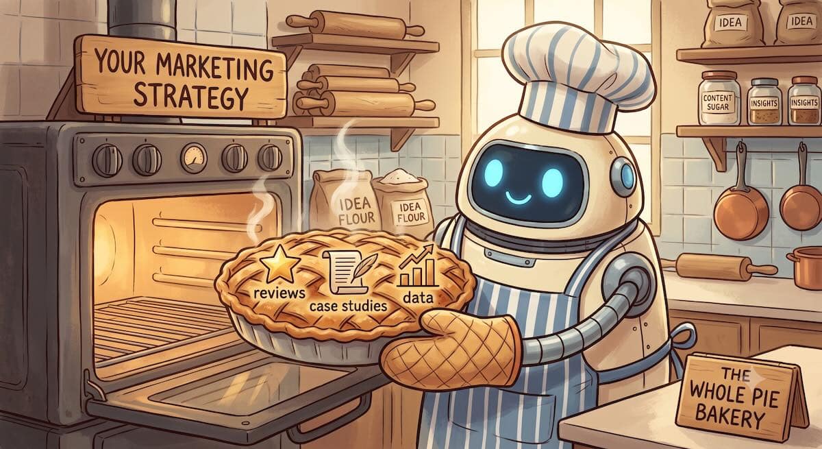 Cartoon image of a robot baker making an AI SEO pie.