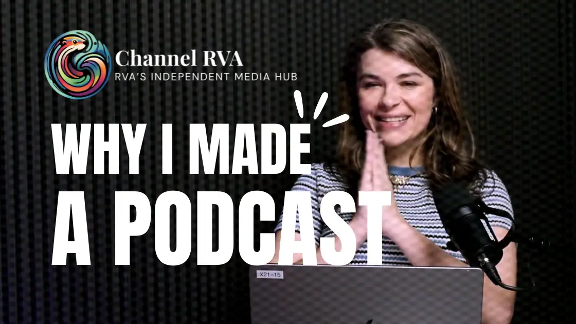 woman with hands together sitting in front computer with text on image: "Why I Made a Podcast"