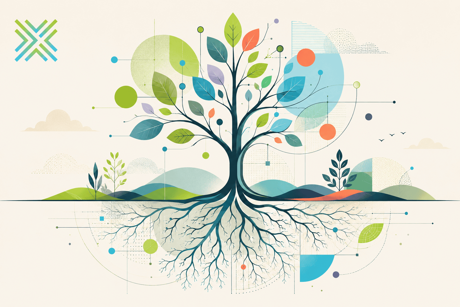 Illustration of a tree with deep roots and expanding branches representing SEO foundations, AI visibility, content authority, and long-term organic growth.