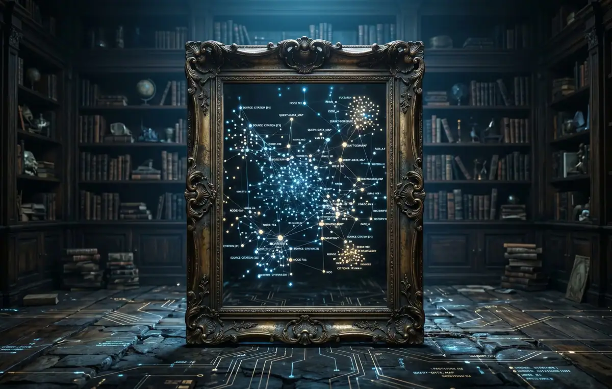 A large, antique mirror standing in a vast digital landscape. The reflection inside the mirror shows a glowing constellation of data points, citations, and interconnected nodes rather than the physical world in front of it