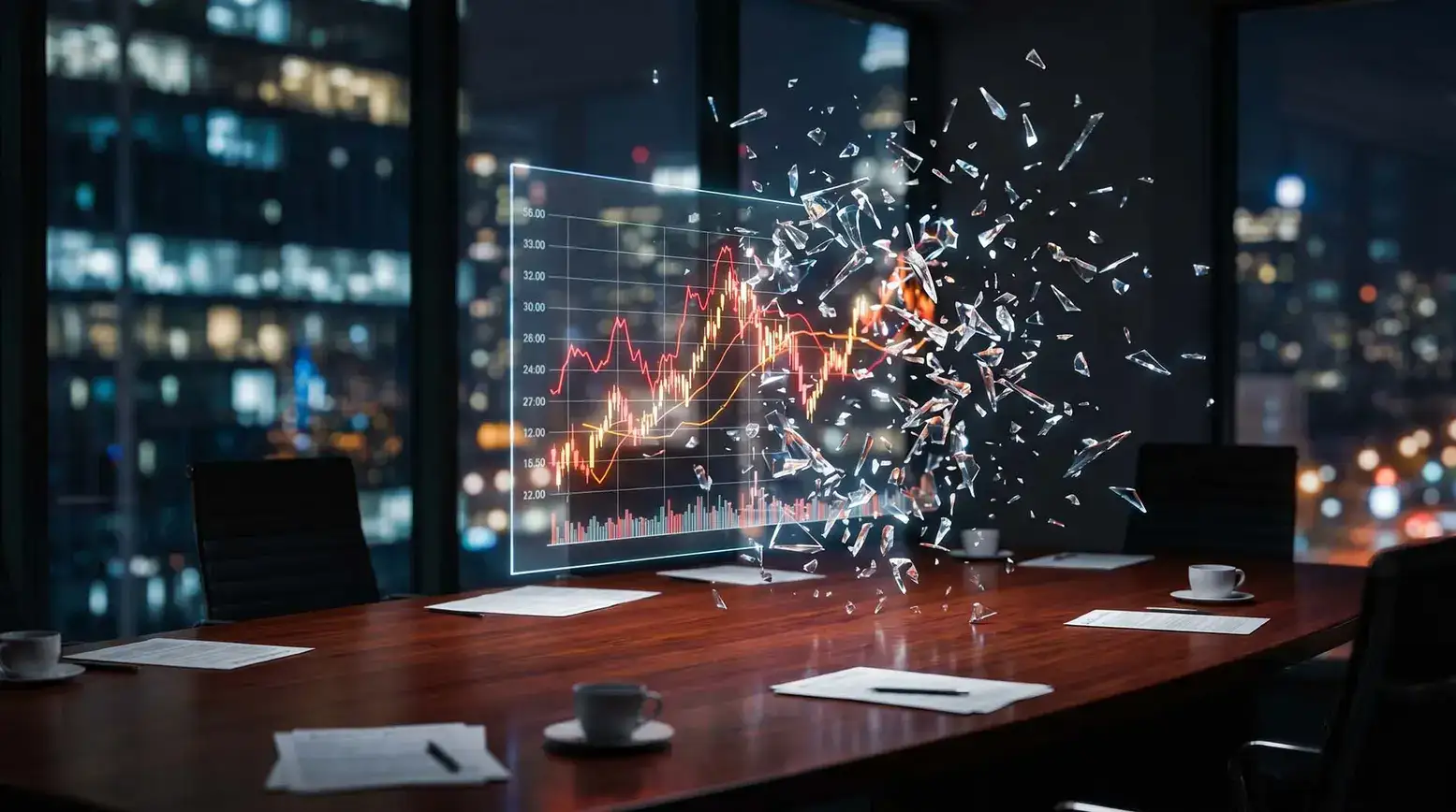 A computer with marketing data chart exploding into fragments