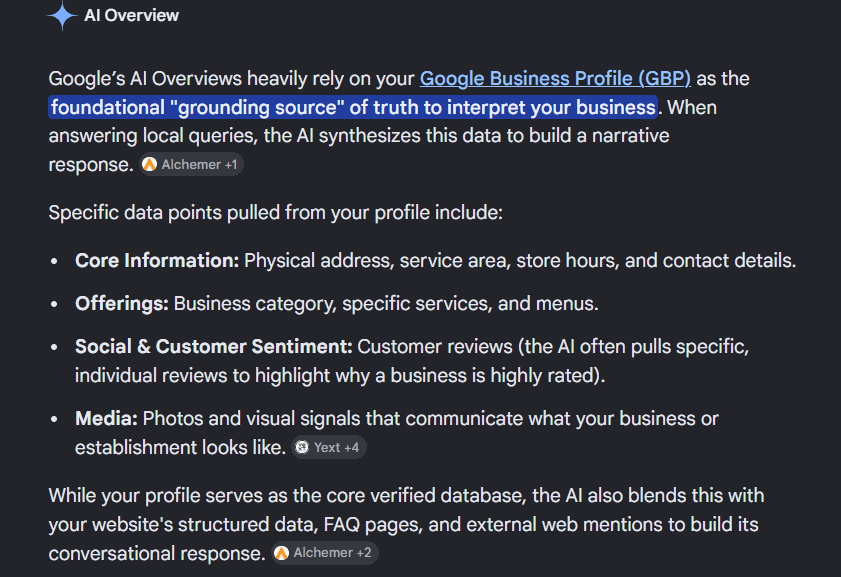 sample of a Google AI overview for Google Business Profiles