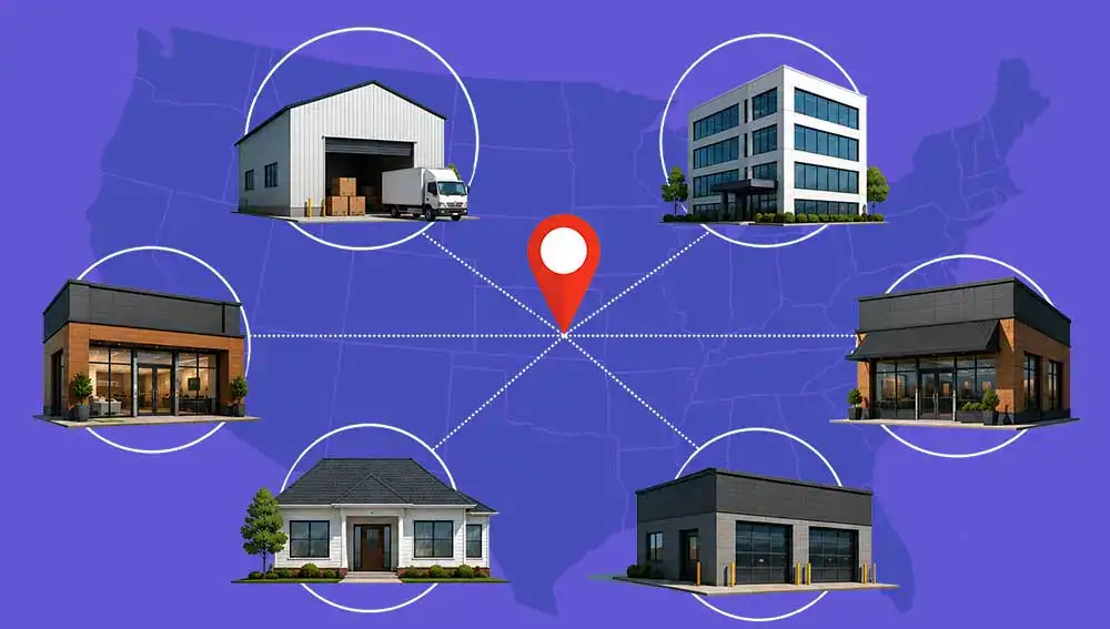 graphic depicting franchise marketing as multiple businesses across the country with a central hub