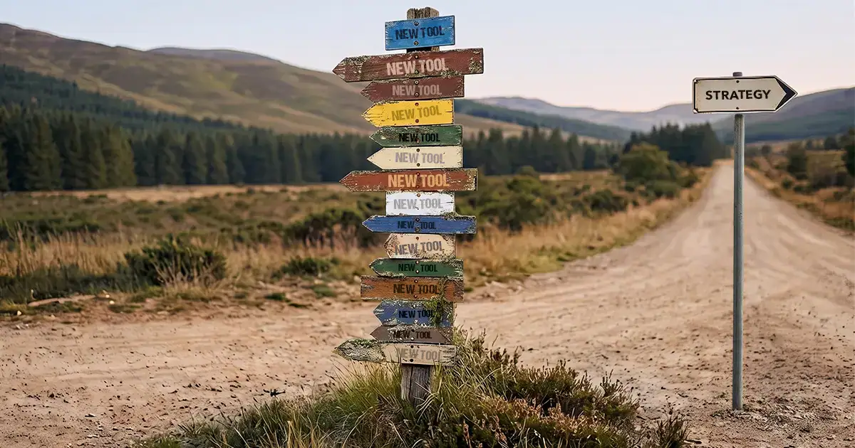 road signs with "new tool" pointing all directions with standalone "strategy" sign.