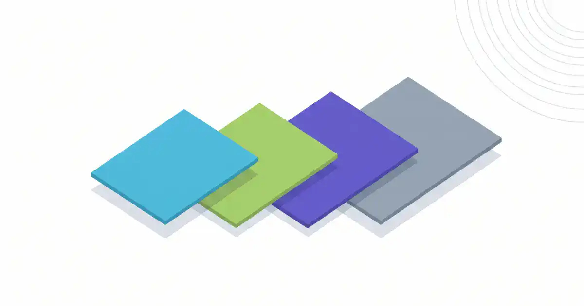 Four overlapping colored planes in blue, green, violet, and gray representing Claude's four tiers: Chat, Projects, Cowork, and Code.
