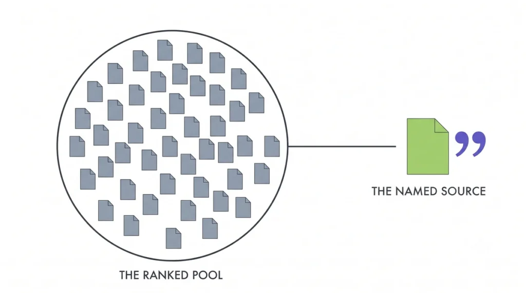 A diagram contrasting "The Ranked Pool," shown as a cluster of many small grey document icons, with 'The Named Source,' shown as a single green document icon with quotation marks.