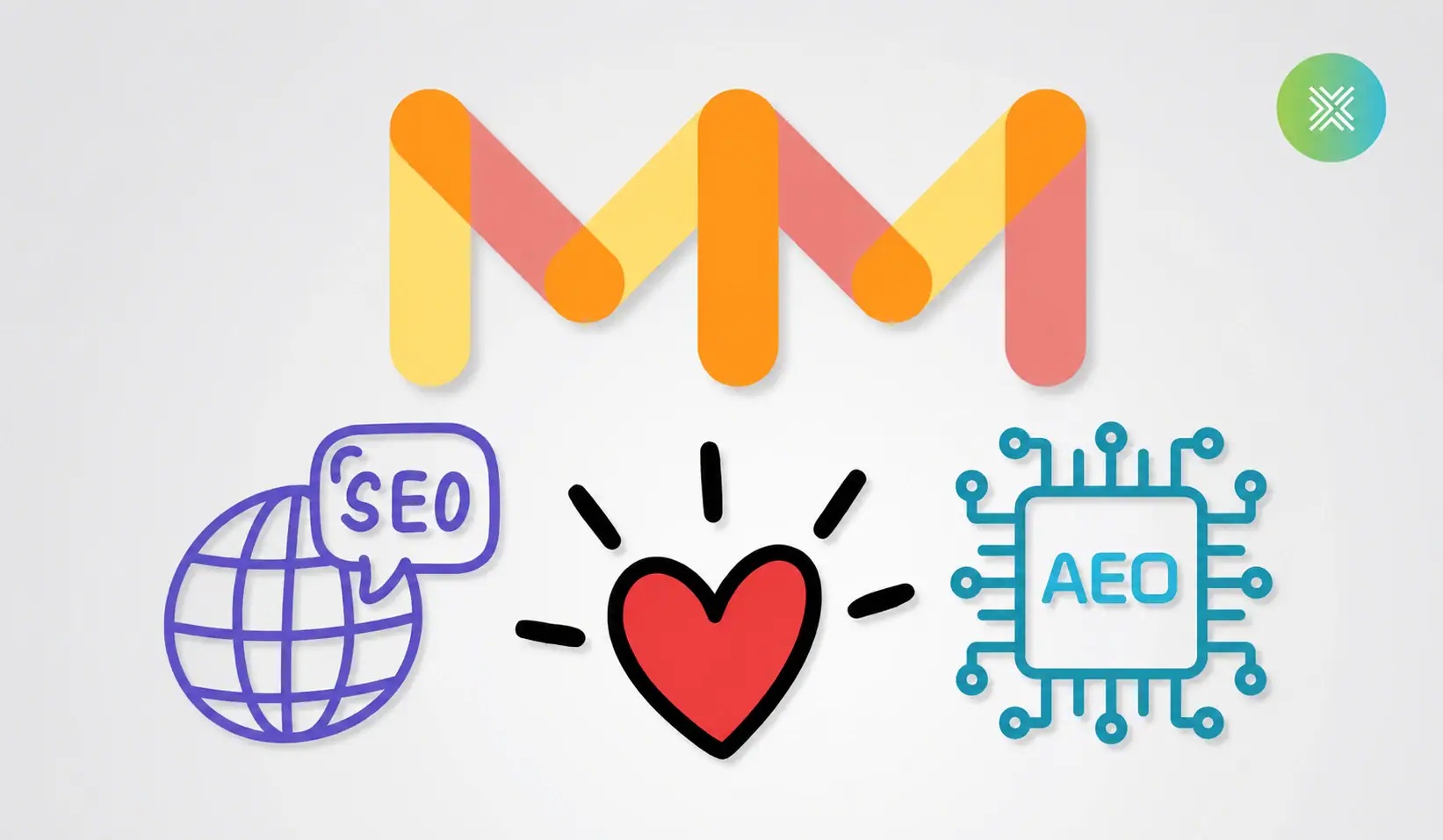 Illustration of SEO, AEO, and a heart symbol illustrating mid-market business success.