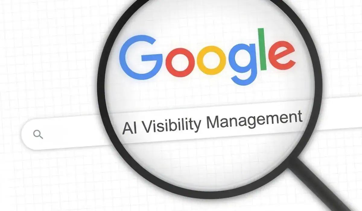 magnifying glass over Google page with term "AI visibility management"