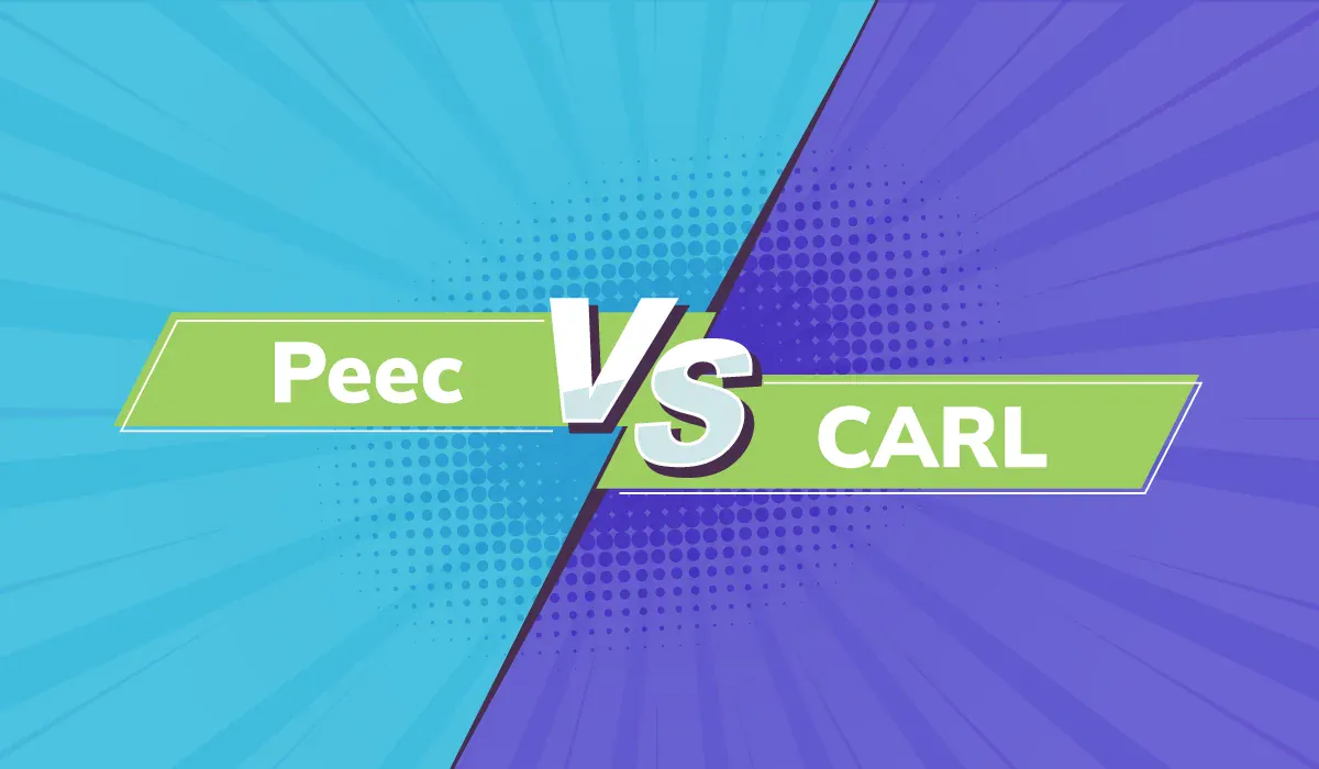 Graphic illustrating peec ai vs. CARL Intelligence for measuring AI visiblity